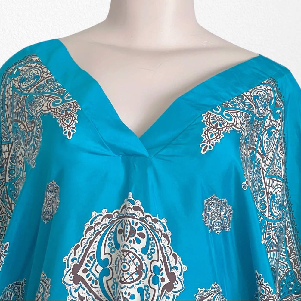 Silk Beachy Paisley Cruise Hippie Swim Kaftan Coverup Blouse Blue 100% SZ 8 - Picture 3 of 7